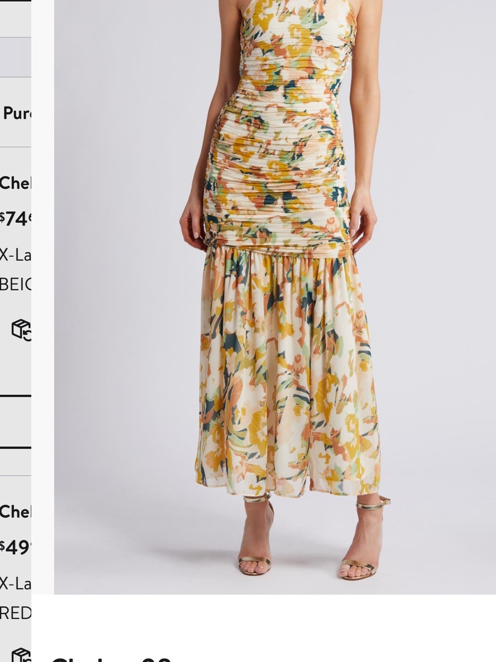 Chelsea28 Beige Floral Ruched Maxi Dress with Yellow and Green Accents
